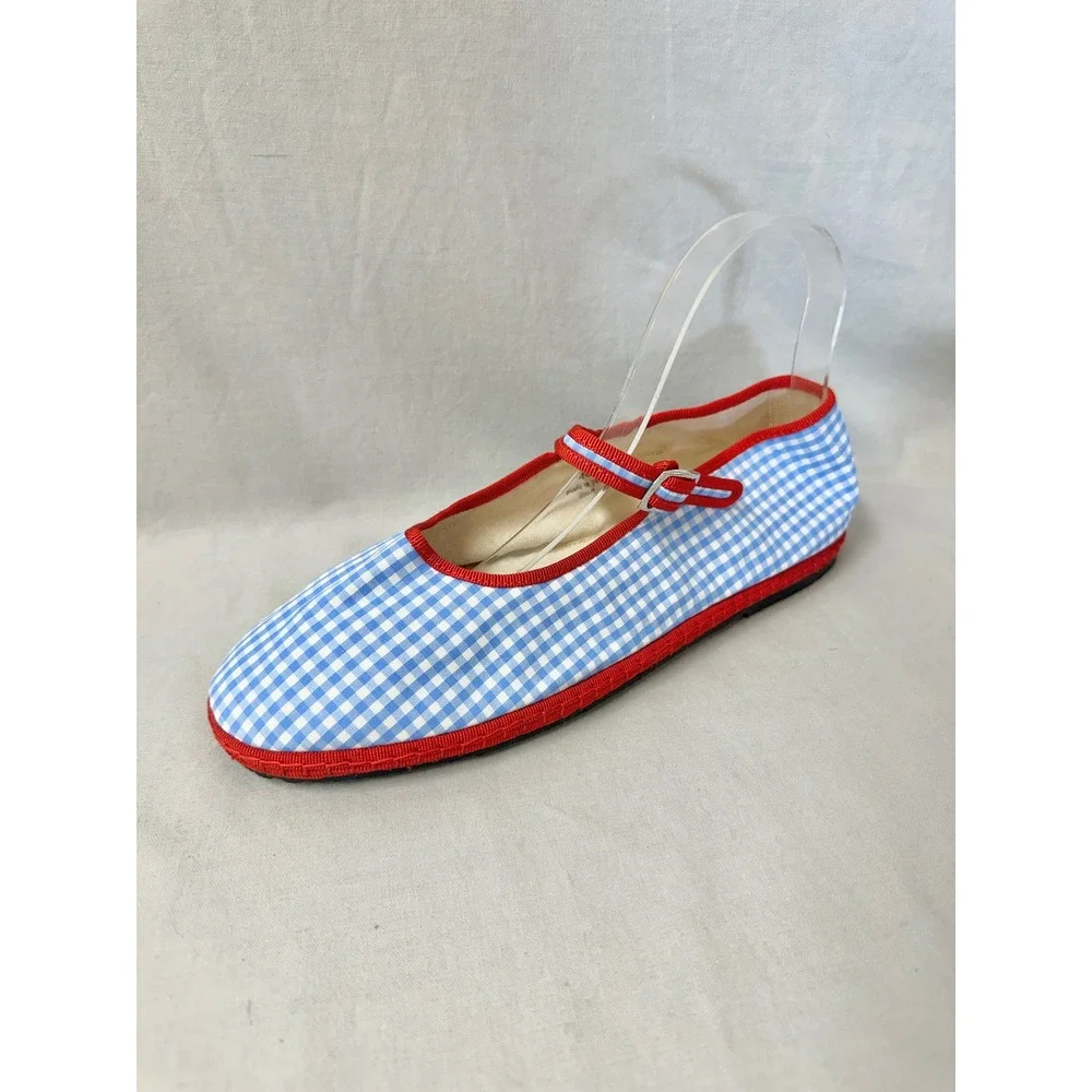 Via I Lilly Sisto Florence Mary Jane Cotton Gingham Blue Red Flats Euro 40 Italy